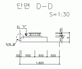 「단면 D-D, S=1:30」 제목의 단면 도면으로, EL "X" 표기와 상세 B 인출선, H1~H4 및 E 높이 치수, 하단 50·550·500·500과 전체 1,600 치수 기입