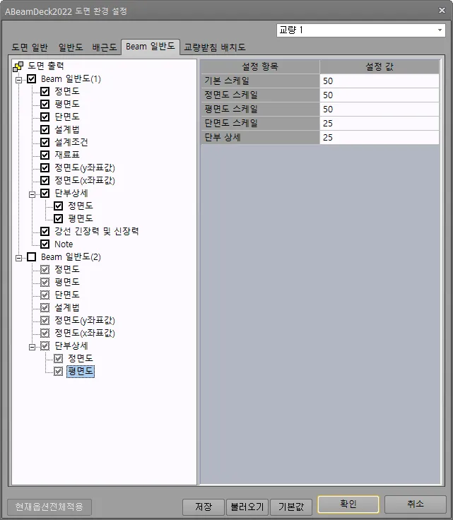 도면 환경 설정 대화상자의 'Beam 일반도' 탭, 왼쪽에 Beam 일반도(1)·(2) 출력 항목 체크 트리, 오른쪽에 기본·정면도·평면도·단면도 스케일 설정 값 표