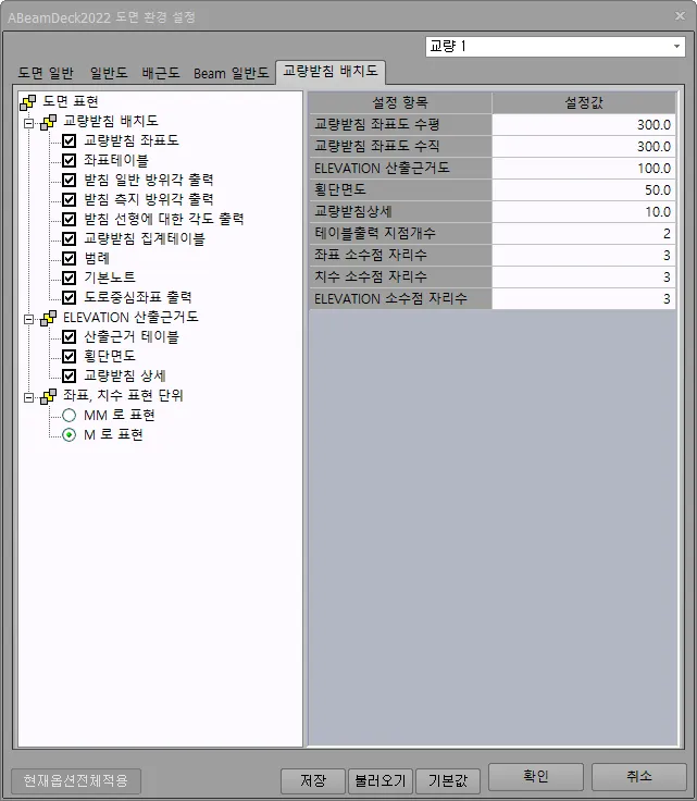 ABeamDeck2022 도면 환경 설정 대화상자의 '교량받침 배치도' 탭으로, 왼쪽 트리에 교량받침 좌표도·좌표테이블·범례 등 도면 표현 항목과 ELEVATION 산출근거도, 좌표·치수 단위(MM/M) 선택이 있고 오른쪽에 설정 항목과 설정값 표가 표시된 화면