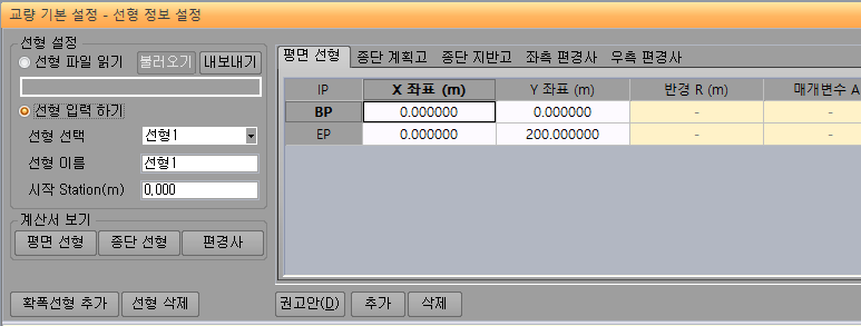 '교량 기본 설정 - 선형 정보 설정' 창으로, 왼쪽에 선형 파일 읽기·선형 입력하기, 선형 선택·선형 이름·시작 Station 입력과 평면선형·종단선형·편경사 계산서 버튼이 있고, 오른쪽은 평면 선형 탭의 IP별 X·Y 좌표, 반경 R, 매개변수 A 표