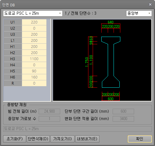 단면 DB 대화상자로 도로교 PSC L=25m 중앙부 단면의 U1~U3, L1, H1~H6, R 치수 입력란과 PSC 거더 단면도, 종방향 제원(빔 전체 길이, 단부 단면 구간 길이, 변화 단면 적용 길이) 표시
