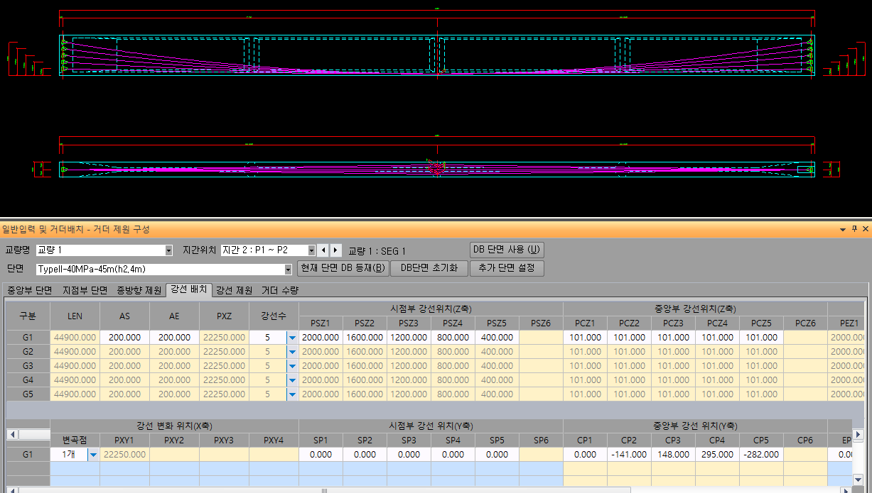 거더 제원 구성 창의 '강선 배치' 탭으로, G1~G5 거더별 LEN·AS·AE·PXZ·강선수와 시점부/중앙부 강선위치(Z축) PSZ·PCZ, 아래쪽 강선 변화 위치(X축)와 강선 위치(Y축) 표가 있고, 위쪽에 강선 배치 입면도와 평면도가 표시된 화면
