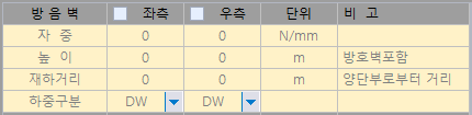 방음벽 입력표: 좌측·우측 체크박스와 자중(N/mm), 높이(m, 방호벽포함), 재하거리(m, 양단부로부터 거리), 하중구분(DW) 항목