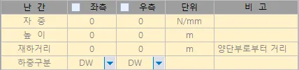 난간 입력표로 좌측·우측 체크와 자중(N/mm), 높이(m), 재하거리(m, 양단부로부터 거리), 하중구분(DW) 항목 구성