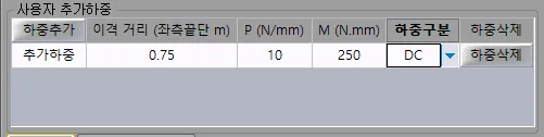사용자 추가하중 입력표로 하중추가, 이격 거리(좌측끝단 m) 0.75, P(N/mm) 10, M(N.mm) 250, 하중구분 DC, 하중삭제 항목이 있는 화면