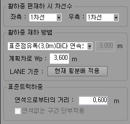 활하중 편재하 설정 화면으로 좌측·우측 차선수 1차선, 재하 방법 '표준점유폭(3.0m)마다 연속', 계획차로 Wp 3.600m, LANE 기준 '현재 횡분배 적용', 표준트럭하중 연석으로부터의 거리 0.600m 항목이 있다.