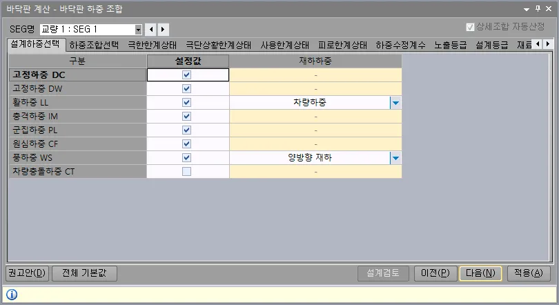 바닥판 하중 조합 대화상자의 설계하중선택 탭으로, 고정하중 DC·DW, 활하중 LL, 충격하중 IM, 군집하중 PL, 원심하중 CF, 풍하중 WS는 체크되고 차량충돌하중 CT는 해제된 상태이며 재하하중 열에 차량하중, 양방향 재하가 표시됨