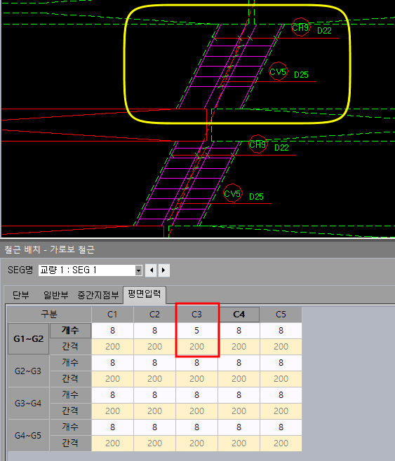 위쪽 배근 도면에서 강조된 가로보 구간과 아래 '철근 배치 - 가로보 철근' 대화상자의 평면입력 탭, G1~G2행 C3열 개수를 5로 입력한 모습(다른 칸은 개수 8, 간격 200)