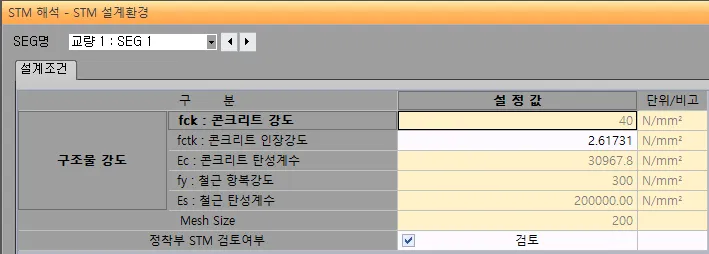 'STM 해석 - STM 설계환경' 창의 설계조건 탭으로, SEG명 선택과 구조물 강도 항목(fck, fctk, Ec, fy, Es, Mesh Size) 및 정착부 STM 검토여부 체크 표시