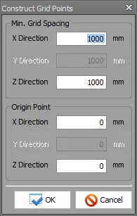 Construct Grid Points 대화상자. Min. Grid Spacing의 X·Z Direction에 1000 mm, Y Direction 비활성, Origin Point의 X·Z Direction 0, 하단 OK·Cancel 버튼