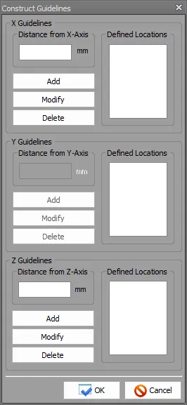 Construct Guidelines 대화상자: X·Y·Z Guidelines 그룹마다 축으로부터의 거리(mm) 입력칸, Add·Modify·Delete 버튼, Defined Locations 목록, 하단 OK·Cancel