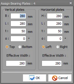 Assign Bearing Plates 대화상자로, Vertical plates와 Horizontal plates 각각에 B(H), L, t, α 값과 Top/Bottom, Left/Right 선택, Effective Width 입력란이 있음