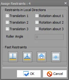 Assign Restraints 대화상자로 Restraints in Local Directions의 Translation 1~3, Rotation about 1~3 체크와 Roller Angle 입력, Fast Restraints 버튼 4개, OK·Cancel 표시