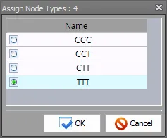 Assign Node Types 대화상자로, CCC·CCT·CTT·TTT 중 TTT가 선택된 Name 목록과 OK·Cancel 버튼