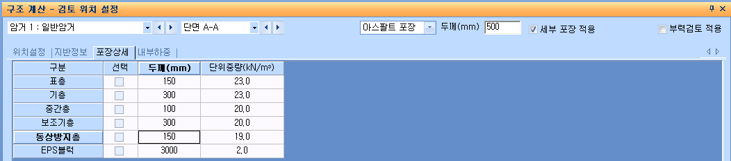 ‘구조 계산 - 검토 위치 설정’ 창의 포장상세 탭으로, 아스팔트 포장·두께 500·세부 포장 적용 체크와 표층·기층·중간층·보조기층·동상방지층·EPS블록의 두께(mm)·단위중량(kN/m³) 표