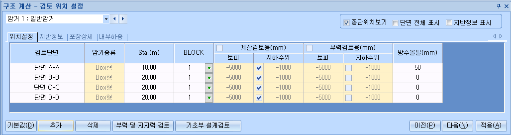 '구조 계산 – 검토 위치 설정' 대화상자의 위치설정 탭으로, 단면 A-A부터 D-D까지 검토단면·암거종류·Sta.(m)·BLOCK과 계산검토용·부력검토용 토피 및 지하수위, 방수몰탈(mm) 열이 표로 정리되어 있다.