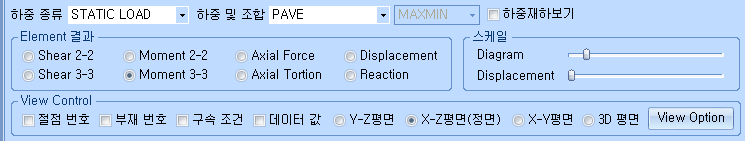 2D Frame 해석 결과 도구모음으로 하중 종류 STATIC LOAD, 하중 및 조합 PAVE, Element 결과 Moment 3-3, View Control의 X-Z평면(정면) 선택 상태