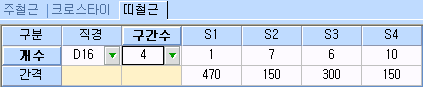 띠철근 탭 입력표로 직경 D16, 구간수 4, S1~S4 개수 1·7·6·10과 간격 470·150·300·150 입력