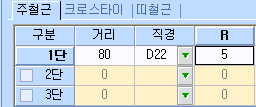 주철근·크로스타이·띠철근 탭 중 주철근 탭 입력표로, 구분·거리·직경·R 열에 1단 80, D22, 5가 입력되고 2단·3단은 비어 있는 화면