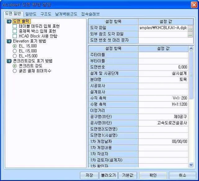 ACulvert 도면 환경 설정 대화상자의 '도면 일반' 탭으로, 왼쪽에 도면 플로터·Elevation 표기 방법 옵션, 오른쪽에 도각 파일, 도면번호, 수직·수평 축척 등 설정 항목과 값 표가 있다.