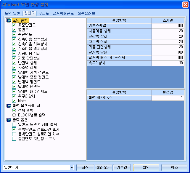 ACulvert 도면 환경 설정 대화상자의 '일반도' 탭으로, 왼쪽에 표준단면도·평면도·종단면도 등 도면 출력 항목 체크리스트와 출력 옵션-페이지(전체 출력/BLOCK별로 출력), 오른쪽에 기본스케일·시공이음 상세 등 스케일 설정표와 출력 BLOCK수 설정값 표시