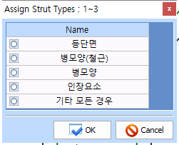 Assign Strut Types : 1~3 대화상자, Name 목록에 등단면·병모양(철근)·병모양·인장요소·기타 모든 경우 라디오 선택과 OK·Cancel 버튼