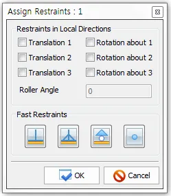 Assign Restraints 대화상자로 Translation 1~3, Rotation about 1~3 체크박스와 Roller Angle 입력칸, 지점 유형 4가지 Fast Restraints 버튼이 있는 화면