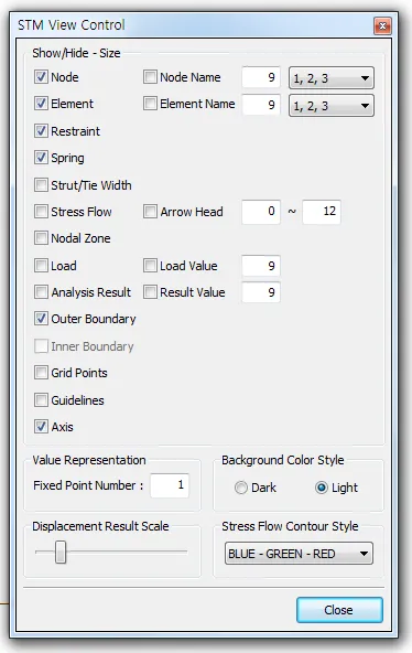 STM View Control 대화상자로 Node, Element, Restraint, Spring, Outer Boundary, Axis 등 표시 항목 체크박스와 Fixed Point Number, Background Color Style(Dark/Light), Stress Flow Contour Style 설정