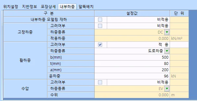 내부하중 탭 입력표로 내부하중 모델링 재하, 고정하중(고려여부·하중종류 DC·적용하중), 활하중(적용, 도로하중, b 500, t 80, a 200, 윤하중 96 kN), 수압(하중종류 EV·수위) 항목 구성