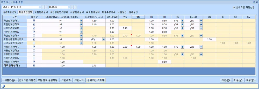 구조 계산 - 하중 조합 대화상자의 하중조합선택 탭으로, 극한·극단상황·사용·피로한계상태별 설정값 체크와 DC/DD 등 하중별 계수(γP, γEQ, γTG, γSD)를 입력하는 표