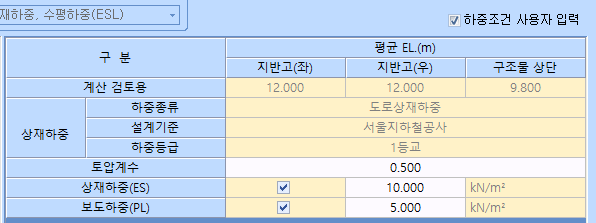 상재하중·수평하중(ESL) 입력 화면으로, 지반고와 구조물 상단 평균 EL, 하중종류·설계기준·하중등급, 토압계수 0.500, 상재하중(ES)·보도하중(PL) 입력란 표시