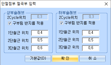 ‘단절점부 절곡부 입력’ 대화상자로, 상부슬래브와 하부슬래브 각각 2Cycle위치 0.3, 구부림 반지름 적용 체크, 1~3단철근 위치 0.4·0.5·0.6 입력란과 기본값·확인·취소 버튼
