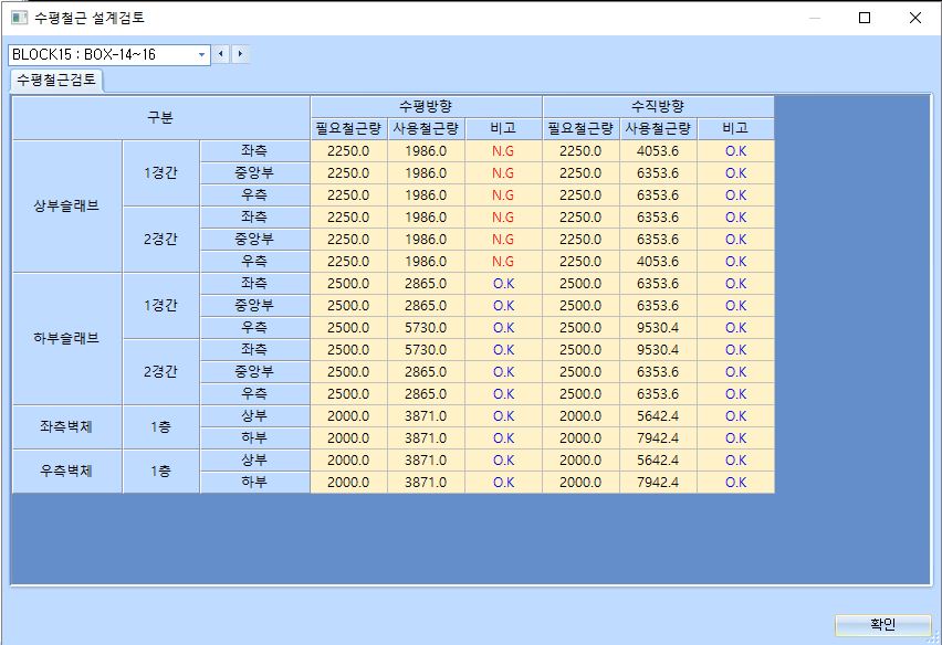 수평철근 설계검토 창으로, 상부·하부슬래브와 좌·우측벽체 구간별 수평방향·수직방향의 필요철근량, 사용철근량, 비고(O.K/N.G)를 표로 보여 주는 화면