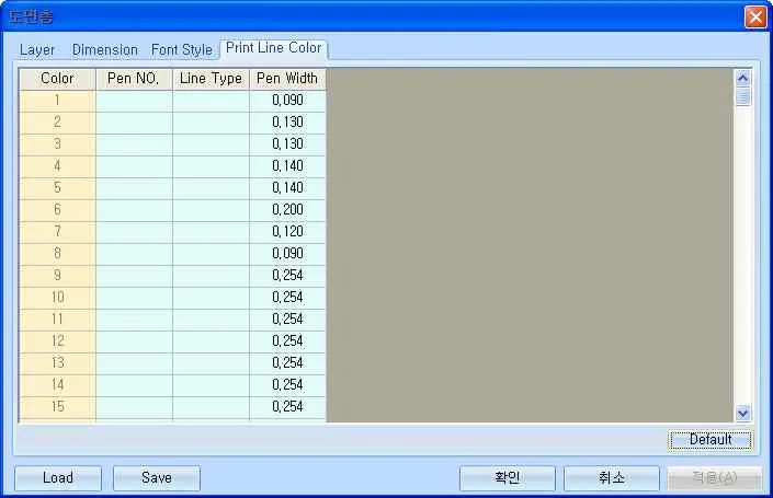 도면등 대화상자의 Print Line Color 탭으로, Color·Pen NO.·Line Type·Pen Width 열에 색상 번호별 선 두께 값이 표시되고 하단에 Default, Load, Save, 확인, 취소 버튼이 있는 화면