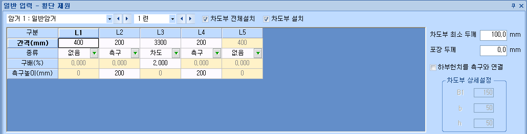 일반 입력 – 횡단 제원 화면으로, L1~L5 구간별 간격(mm)·종류(없음·측구·차도)·구배(%)·측구높이(mm) 표와 차도부 최소 두께 100.0mm, 포장 두께 0.0mm, 차도부 전체설치·차도부 설치 체크 항목 표시