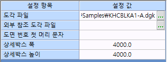 설정 항목과 설정 값 두 열로 된 표: 도각 파일, 외부 참조 도각 파일, 도면 번호 첫 머리 문자, 상세박스 폭 4000.0, 상세박스 높이 4000.0