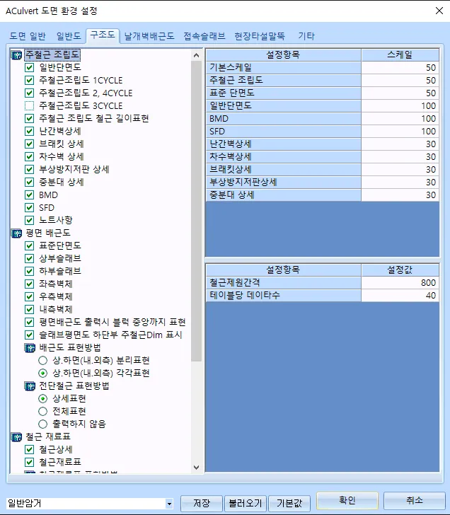 ACulvert 도면 환경 설정 대화상자의 '구조도' 탭으로, 왼쪽에 주철근 조립도·평면 배근도·철근 재료표 등의 출력 체크 목록과 배근도·전단철근 표현방법 선택, 오른쪽에 설정항목별 스케일 표와 철근제원간격·테이블당 데이타수 설정값 표가 있음