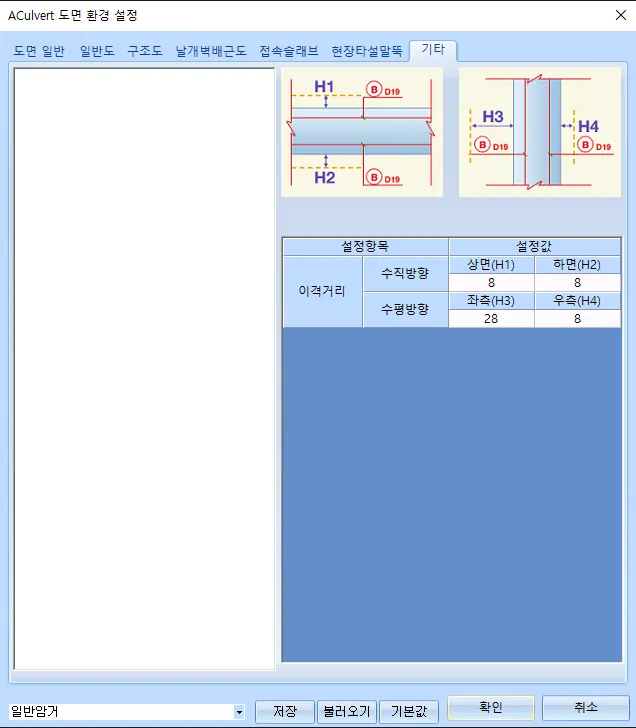 ACulvert 도면 환경 설정 대화상자의 '기타' 탭으로, 이격거리 수직방향 상면(H1) 8·하면(H2) 8, 수평방향 좌측(H3) 28·우측(H4) 8 설정표와 H1~H4 위치를 표시한 단면 도식