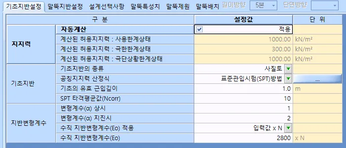 기초지반설정 탭 화면으로 지지력의 자동계산 적용 체크와 사용·극한·극단상황한계상태 허용지지력, 기초지반의 사질토 종류와 표준관입시험(SPT)방법 산정식, 지반변형계수 항목이 표로 표시