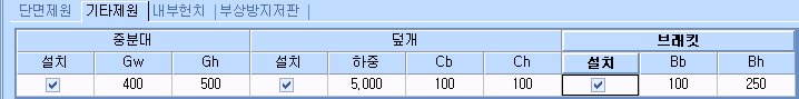 '기타제원' 탭 화면으로 중분대(설치, Gw 400, Gh 500), 덮개(설치, 하중 5,000, Cb 100, Ch 100), 브래킷(설치, Bb 100, Bh 250) 입력표