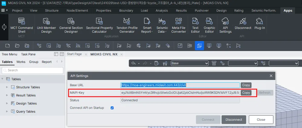 MIDAS CIVIL NX의 Apps 탭에서 연 API Settings 대화상자로, Base URL과 빨간 테두리로 강조된 MAPI-Key 입력칸, Status는 Connected, Connect API on Startup 체크 상태