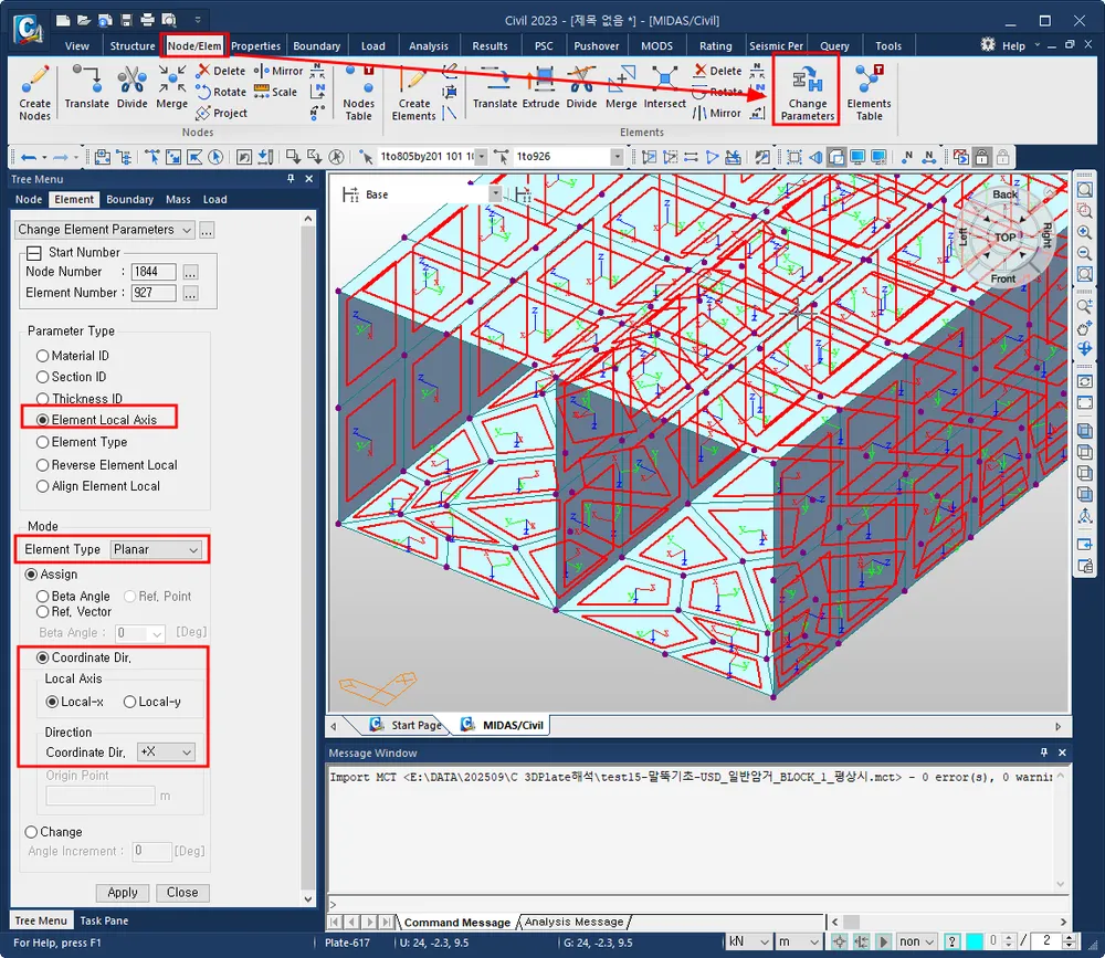 Change Element Parameters 창에서 Element Local Axis와 Element Type=Planar, Local-x, Coordinate Dir. +X가 선택된 화면