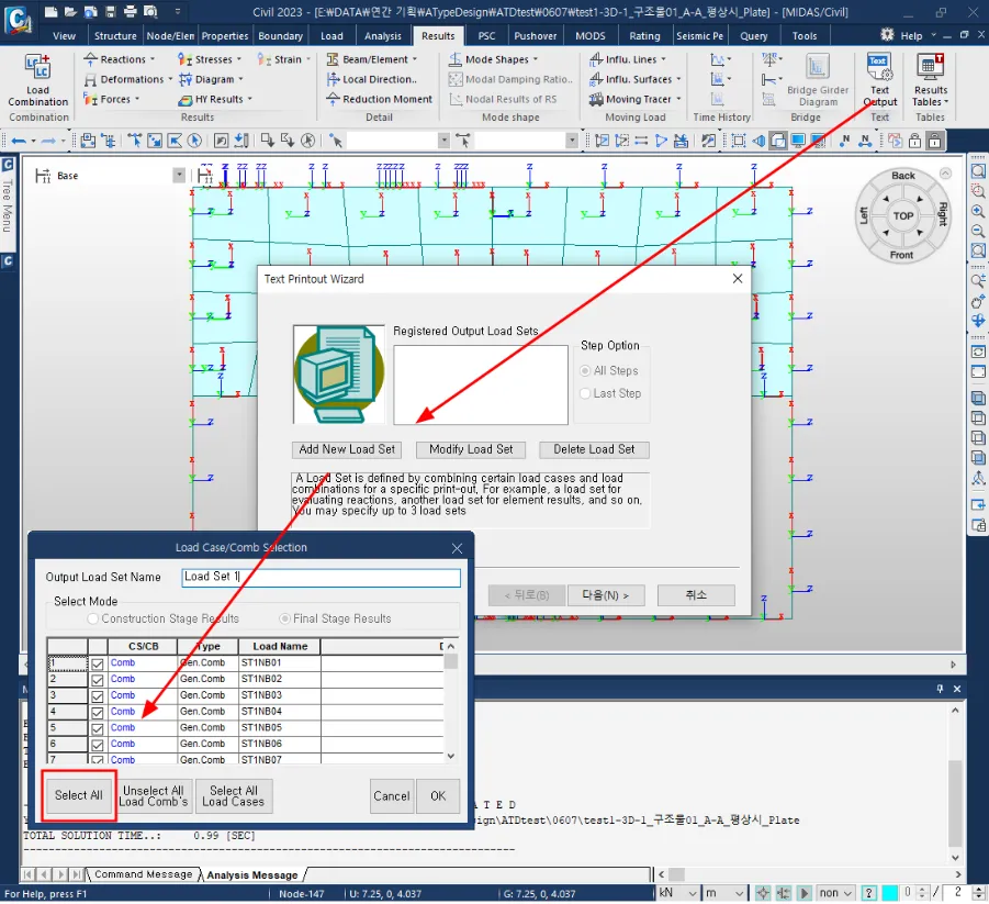 Text Printout Wizard의 Add New Load Set으로 연 Load Case/Comb Selection 창, Final Stage Results 선택과 하중조합 목록, Select All 버튼 강조