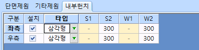 ‘내부헌치’ 탭이 선택된 입력 표로, 좌측·우측 구분에 설치 체크와 타입 ‘삼각형’, S1·W1은 비어 있고 S2·W2에 300이 입력된 화면