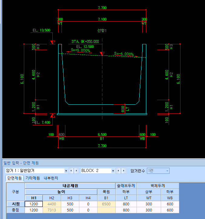 상부가 개방된 U형 암거 단면도와 '일반 입력 - 단면 제원' 창으로, 내공제원 높이 H1~H4, 폭원 B1, 슬래브두께 LT, 벽체두께 WT·WB를 시점·종점별로 입력하는 표