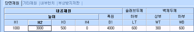 단면제원 탭 입력표로 내공제원의 높이 H1~H4, 폭원 B1, 슬래브두께 하부 LT, 벽체두께 상부 WT·하부 WB 항목에 값이 입력된 화면