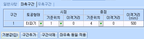 '좌측구간' 탭이 선택된 토공 상세 입력 표로, 구간·토공형태(터파기)·시점과 종점의 기준위치 및 이격거리·이격거리(mm) 열과 [기본값], [구간추가], [구간삭제], [좌우측 동일 적용] 버튼