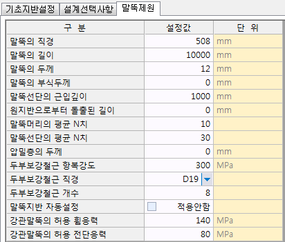 말뚝제원 탭 화면으로 말뚝의 직경·길이·두께, 부식두께, 말뚝선단의 근입깊이, 말뚝머리와 선단의 평균 N치, 두부보강철근 항복강도·직경·개수, 강관말뚝의 허용 휨응력·전단응력을 설정값과 단위 열로 입력