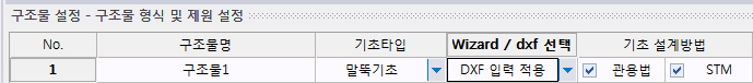 구조물 설정 - 구조물 형식 및 제원 설정 표에서 구조물1의 기초타입을 말뚝기초, Wizard/dxf 선택을 'DXF 입력 적용'으로 지정하고 기초 설계방법 관용법·STM이 체크된 모습