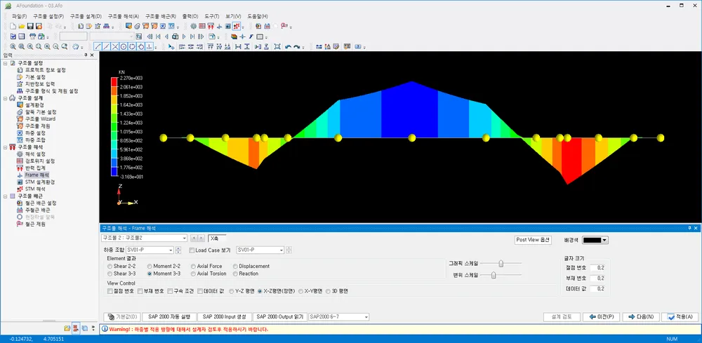 AFoundation 구조물 해석 Frame 해석 화면으로, X-Z평면에 Moment 3-3 결과가 컬러 컨투어와 kN 범례로 표시되고 하단에 하중 조합·Element 결과·View Control 설정이 있음